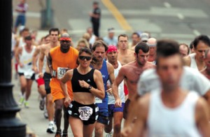 Runners going over the South Side Bridge. Chip Ellis Photo/Daily Mail